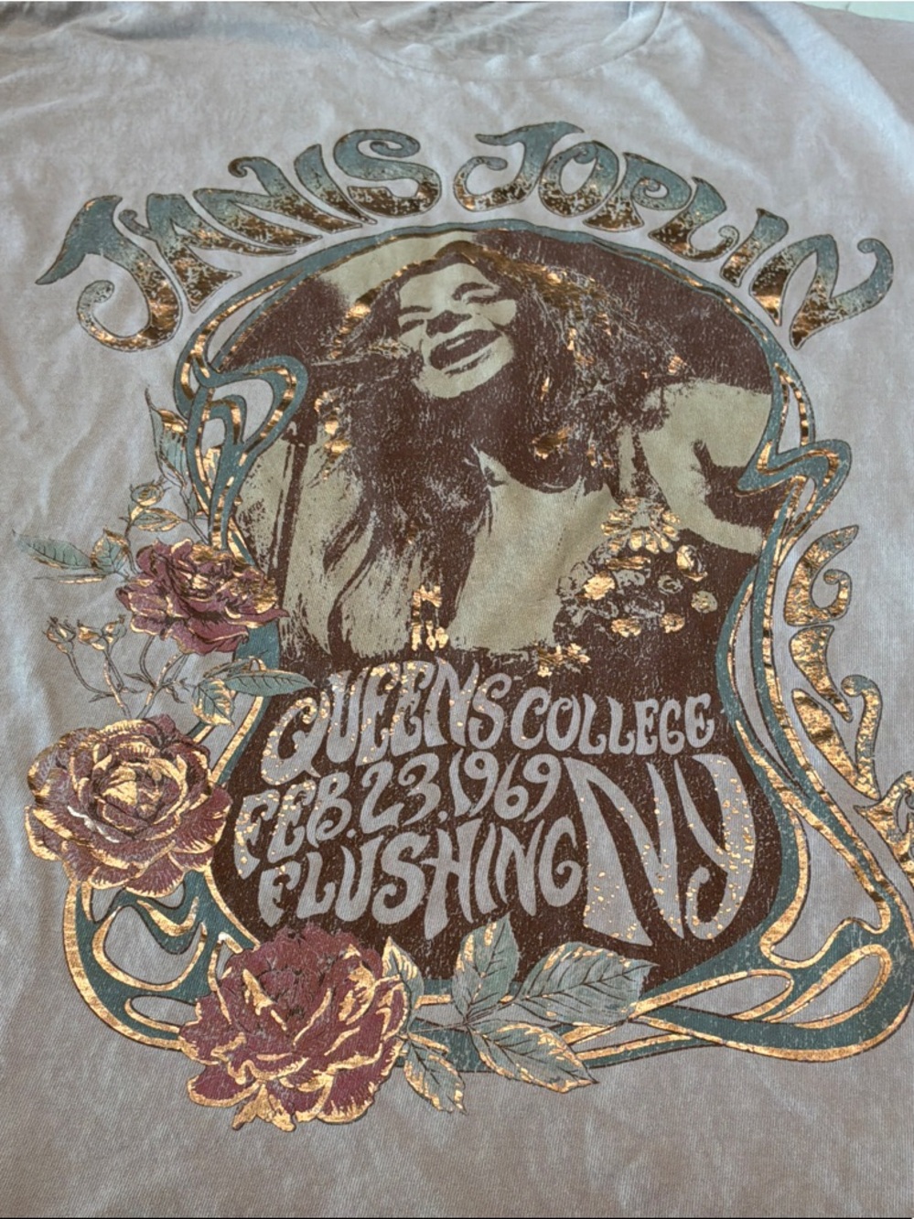 Janis Joplin Graphic Retro M/L Tee Metallic Floral Print Music Hip